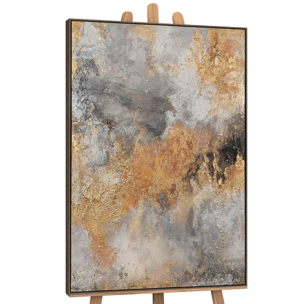 The painting "Warm Fault" is an abstraction in the colors of fire and stone