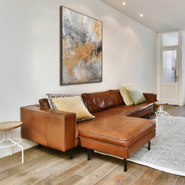 The painting "Warm Fault" is an abstraction in the colors of fire and stone