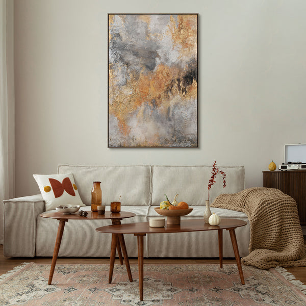 The painting "Warm Fault" is an abstraction in the colors of fire and stone