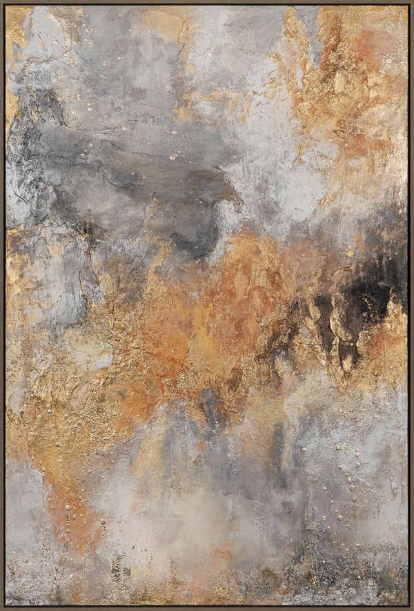 The painting "Warm Fault" is an abstraction in the colors of fire and stone