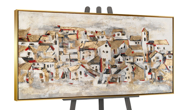 The painting "Mountain Town" is an abstract architectural mosaic