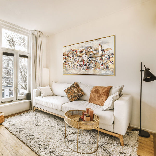 The painting "Mountain Town" is an abstract architectural mosaic