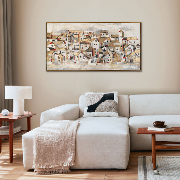 The painting "Mountain Town" is an abstract architectural mosaic