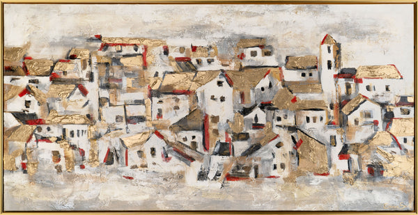 The painting "Mountain Town" is an abstract architectural mosaic