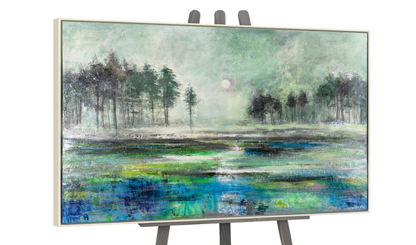 The painting "Dawn Forest" is a misty inspiration with reflection