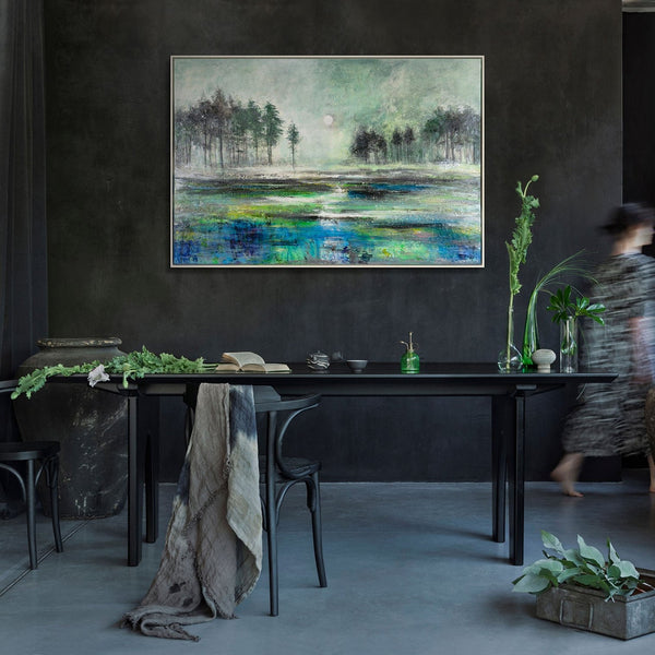 The painting "Dawn Forest" is a misty inspiration with reflection
