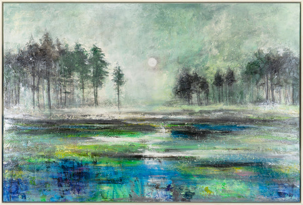 The painting "Dawn Forest" is a misty inspiration with reflection