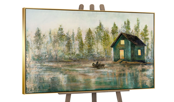 The painting "Morning on the Lake" is a calm landscape in green tones