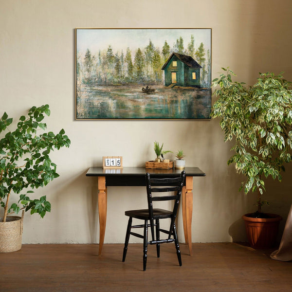 The painting "Morning on the Lake" is a calm landscape in green tones