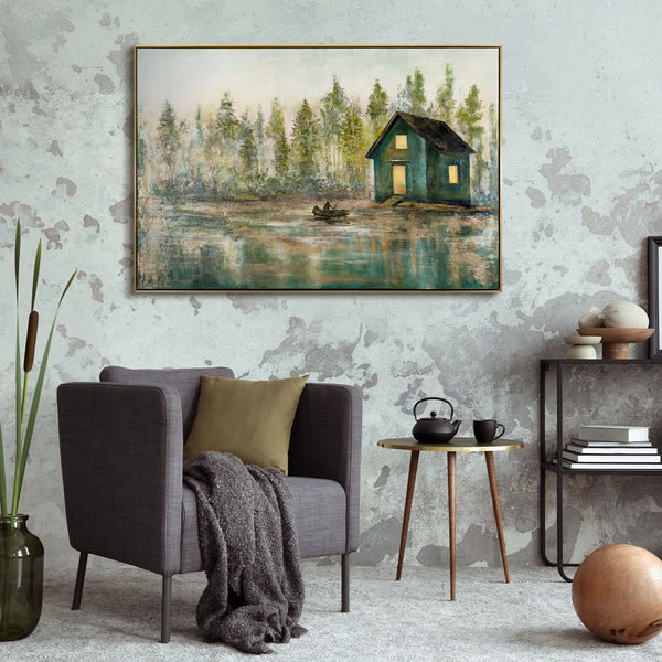 The painting "Morning on the Lake" is a calm landscape in green tones
