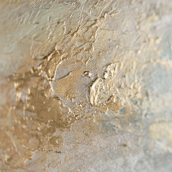 The painting "Golden Glow Over the Water" is an abstraction with landscape elements