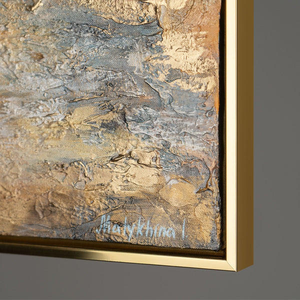 The painting "Golden Glow Over the Water" is an abstraction with landscape elements