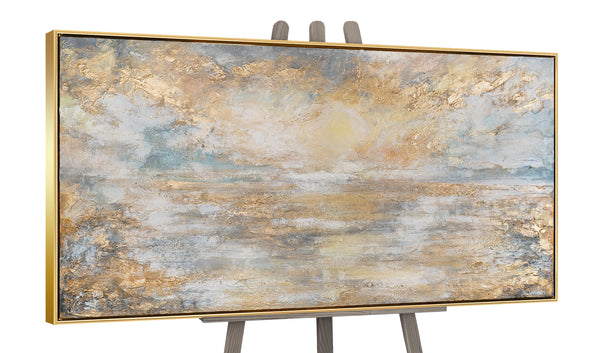 The painting "Golden Glow Over the Water" is an abstraction with landscape elements