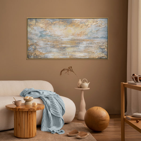 The painting "Golden Glow Over the Water" is an abstraction with landscape elements