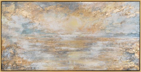 The painting "Golden Glow Over the Water" is an abstraction with landscape elements