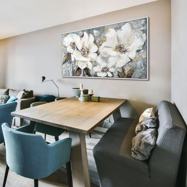 The painting "Silence of Petals" is a floral abstraction in light colors