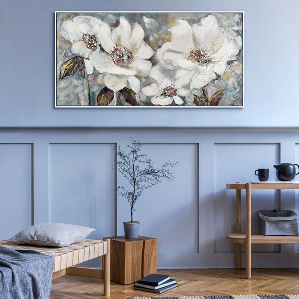 The painting "Silence of Petals" is a floral abstraction in light colors