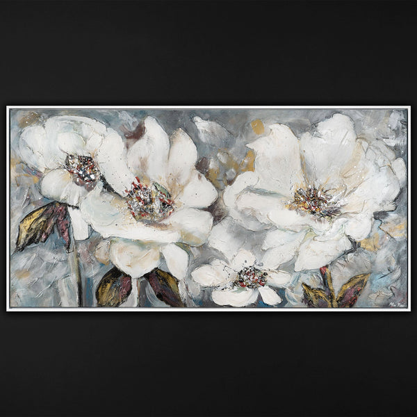 The painting "Silence of Petals" is a floral abstraction in light colors