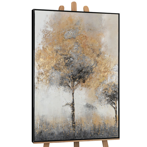 The painting "Golden Silence" is a modern abstraction of a tree in calm tones