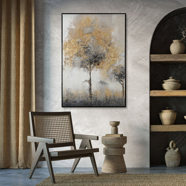 The painting "Golden Silence" is a modern abstraction of a tree in calm tones