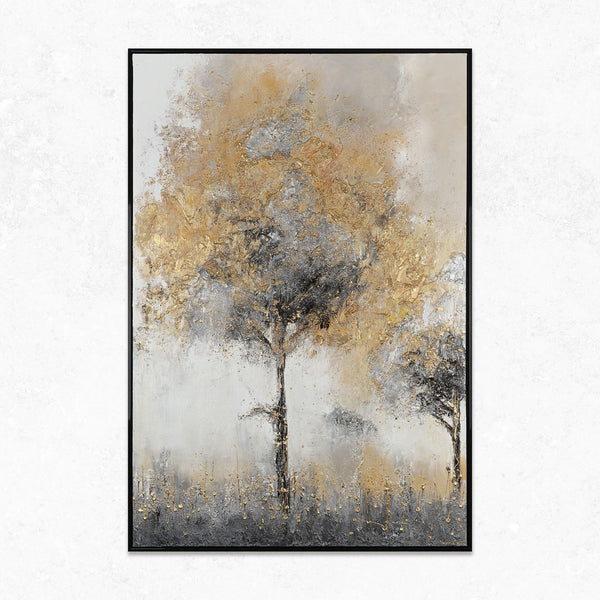 The painting "Golden Silence" is a modern abstraction of a tree in calm tones