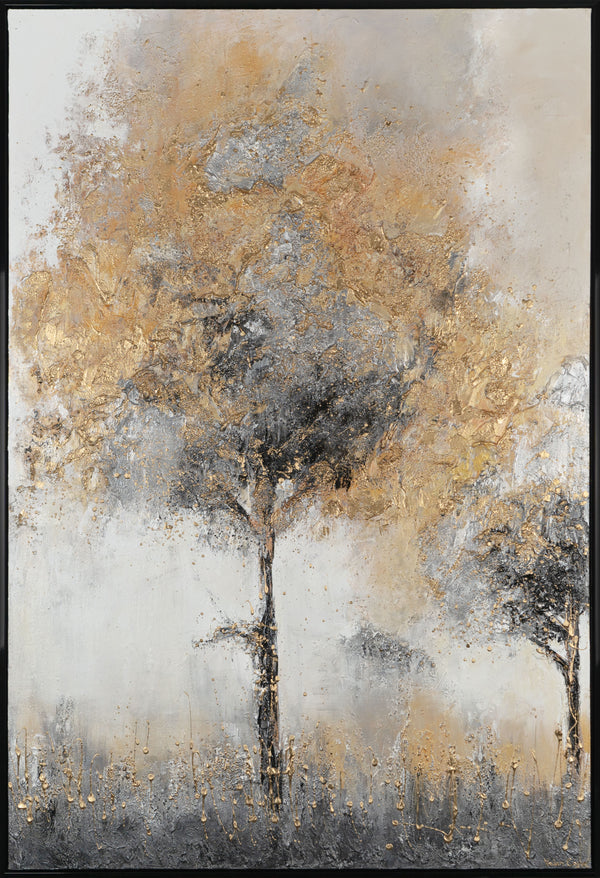 The painting "Golden Silence" is a modern abstraction of a tree in calm tones