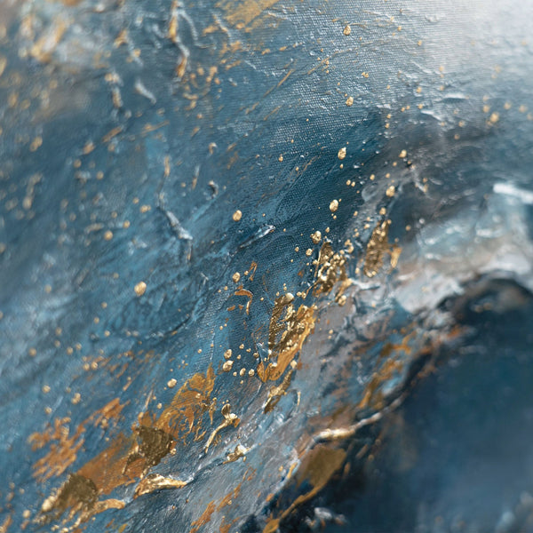 The painting "Flow of Elements" is a textural abstraction with a waterfall and gold relief