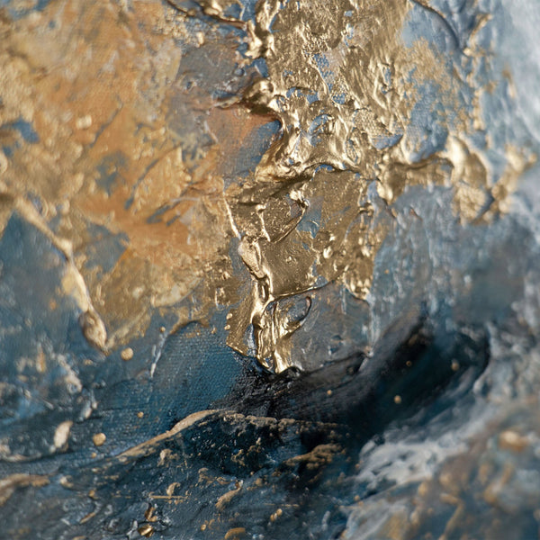 The painting "Flow of Elements" is a textural abstraction with a waterfall and gold relief