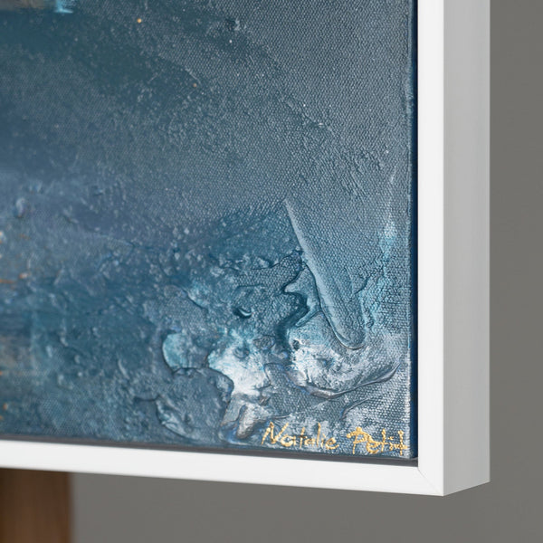 The painting "Flow of Elements" is a textural abstraction with a waterfall and gold relief