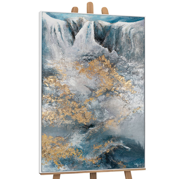 The painting "Flow of Elements" is a textural abstraction with a waterfall and gold relief