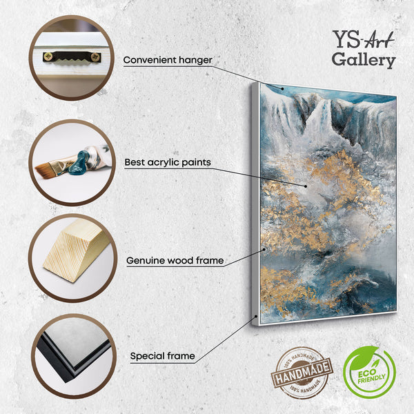 The painting "Flow of Elements" is a textural abstraction with a waterfall and gold relief