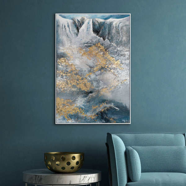 The painting "Flow of Elements" is a textural abstraction with a waterfall and gold relief