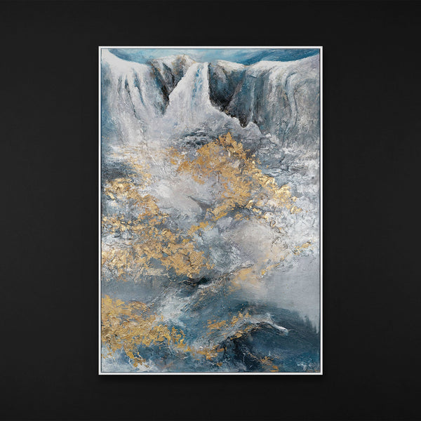 The painting "Flow of Elements" is a textural abstraction with a waterfall and gold relief