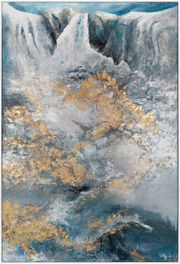 The painting "Flow of Elements" is a textural abstraction with a waterfall and gold relief