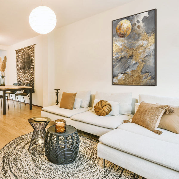 The painting "Gold Above the Horizon" is an abstraction with a cosmic mood