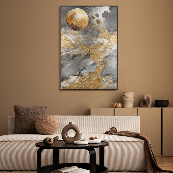 The painting "Gold Above the Horizon" is an abstraction with a cosmic mood