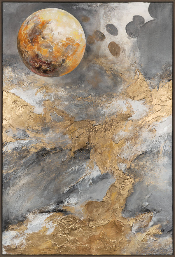 The painting "Gold Above the Horizon" is an abstraction with a cosmic mood