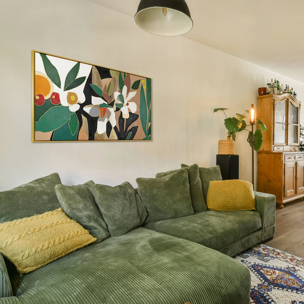 The painting "Garden Accents" is a modern floral composition in flat-design style