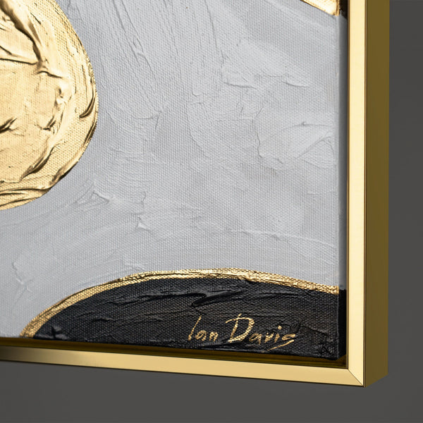 The painting "Graphic Flower" is an elegant abstraction in black, gray and gold