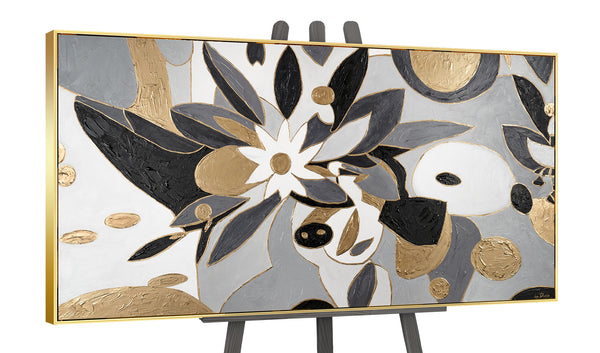 The painting "Graphic Flower" is an elegant abstraction in black, gray and gold