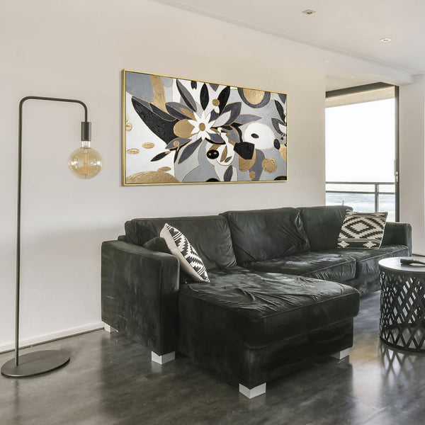 The painting "Graphic Flower" is an elegant abstraction in black, gray and gold