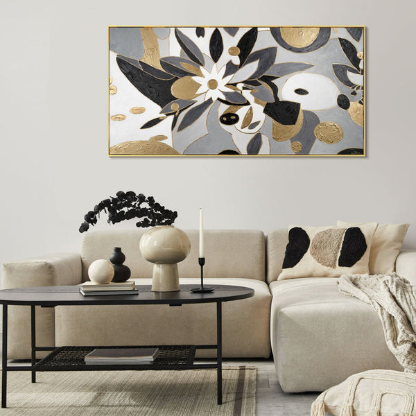 The painting "Graphic Flower" is an elegant abstraction in black, gray and gold