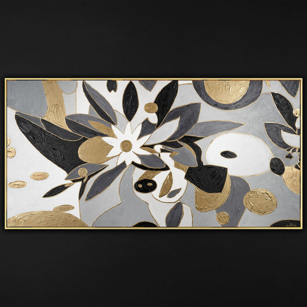 The painting "Graphic Flower" is an elegant abstraction in black, gray and gold