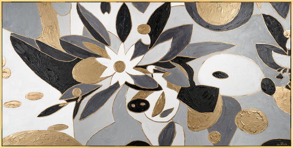 The painting "Graphic Flower" is an elegant abstraction in black, gray and gold