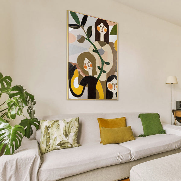 The painting "Soft Voices" is a modern abstract figurative composition