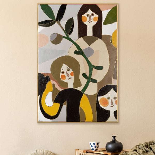 The painting "Soft Voices" is a modern abstract figurative composition