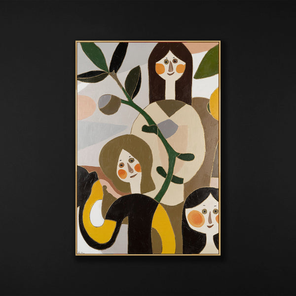 The painting "Soft Voices" is a modern abstract figurative composition
