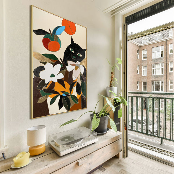 Painting "Black Observer" - graphic composition with a cat