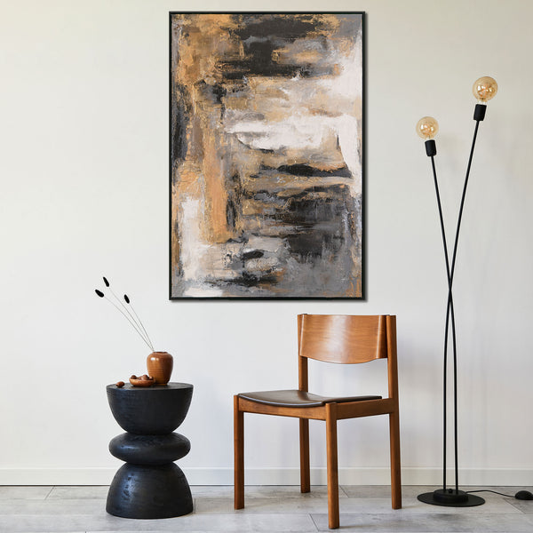 The painting "Cave of Thoughts" is a horizontal abstraction in earthy and graphite tones.