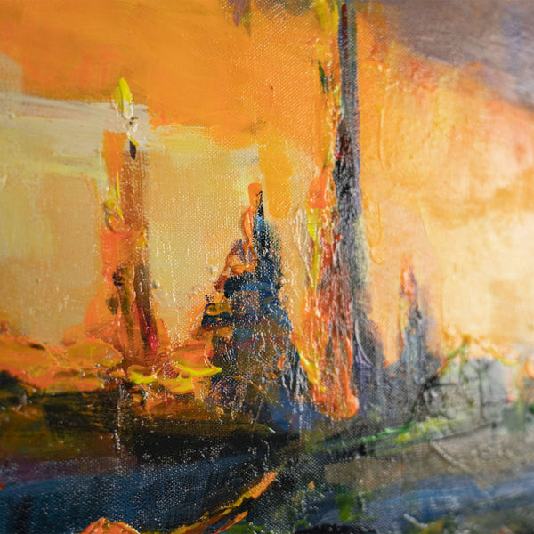 The painting "The Lights of Sunset" is a cityscape in the style of impressionism